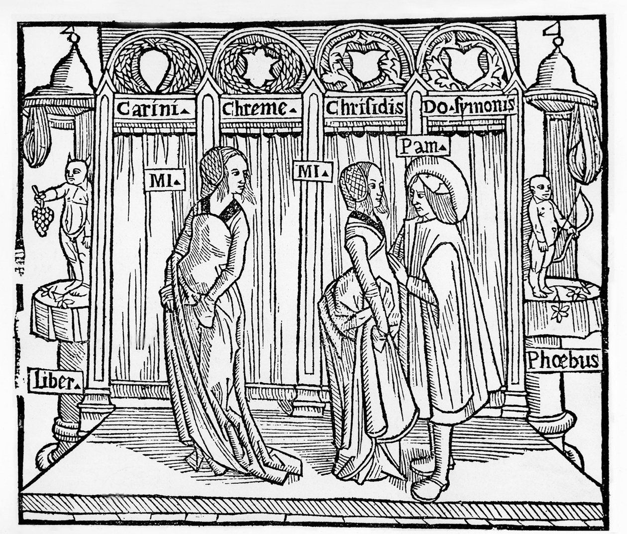 Het theater in de Middeleeuwen: drie personages op het toneel - gravure door Térence de Jean Trechsel, uitgegeven in Lyon door French School