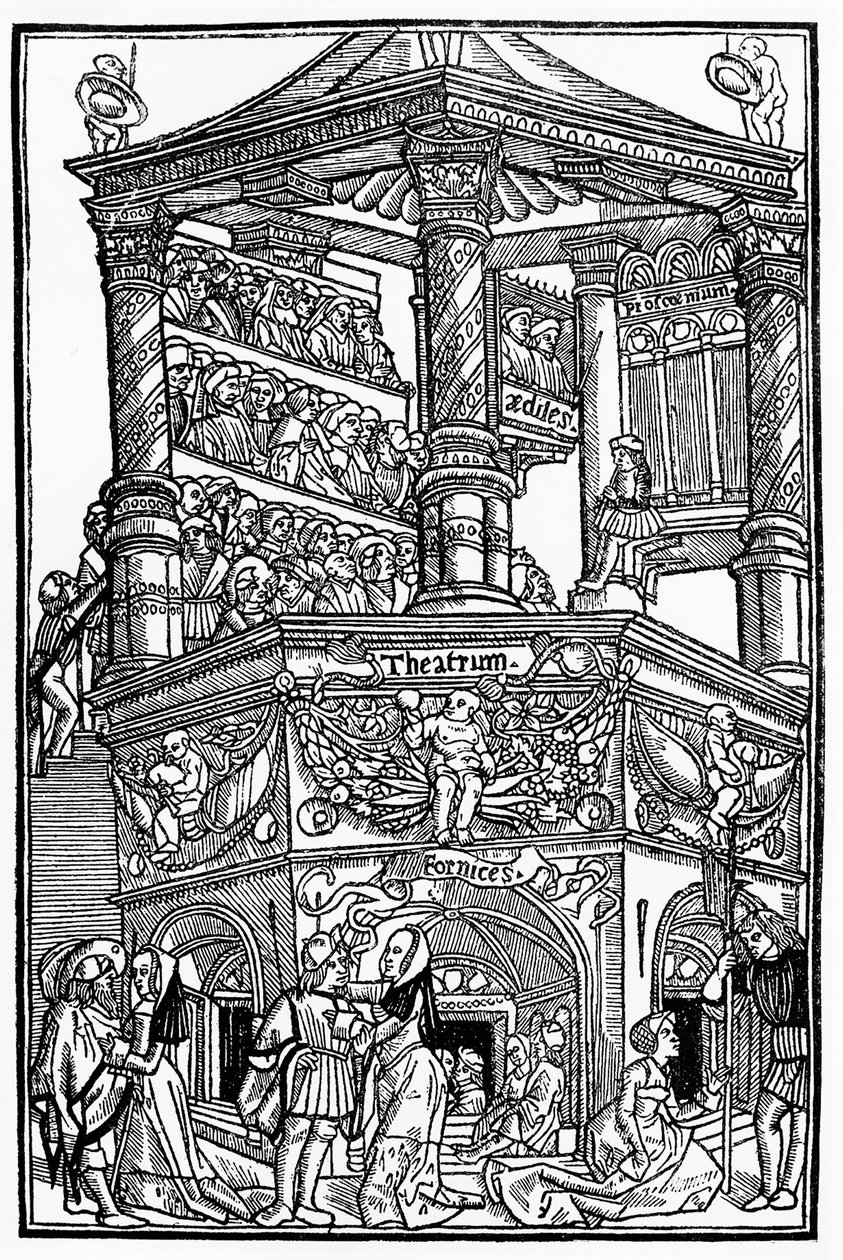 Het theater in de Middeleeuwen: uitzicht op een theater en het publiek - door Terentius van Jean Trechsel, ed. in Lyon door French School
