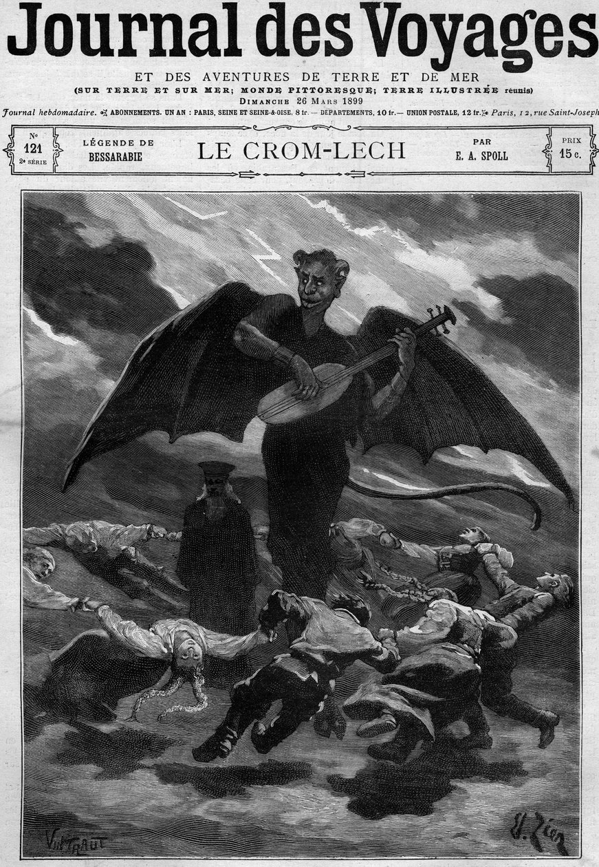 Legende van Bessarabië (Oost-Europa): Crom Lech (Crom-Lech). Satan, spelend op de balalaika, leidt dansers in een eindeloze ronde. Gravure in 