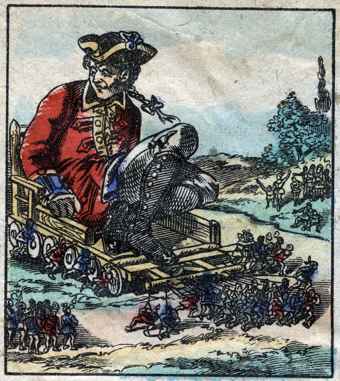 Lemuel Gulliver, een gevangene wordt vervoerd op een kar getrokken door de Lilliputters. Illustratie voor 
