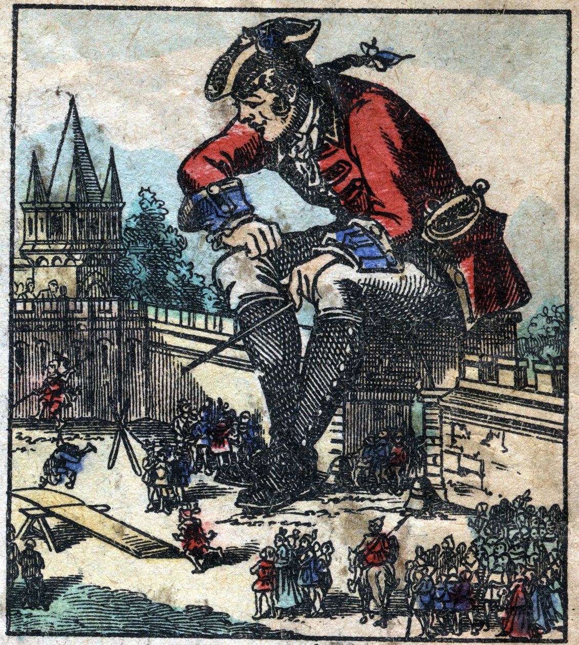 Lemuel Gulliver zittend op de vestingmuur van de stad legt de strategie uit aan het Lilliputiaanse leger. Illustratie voor "Gulliver