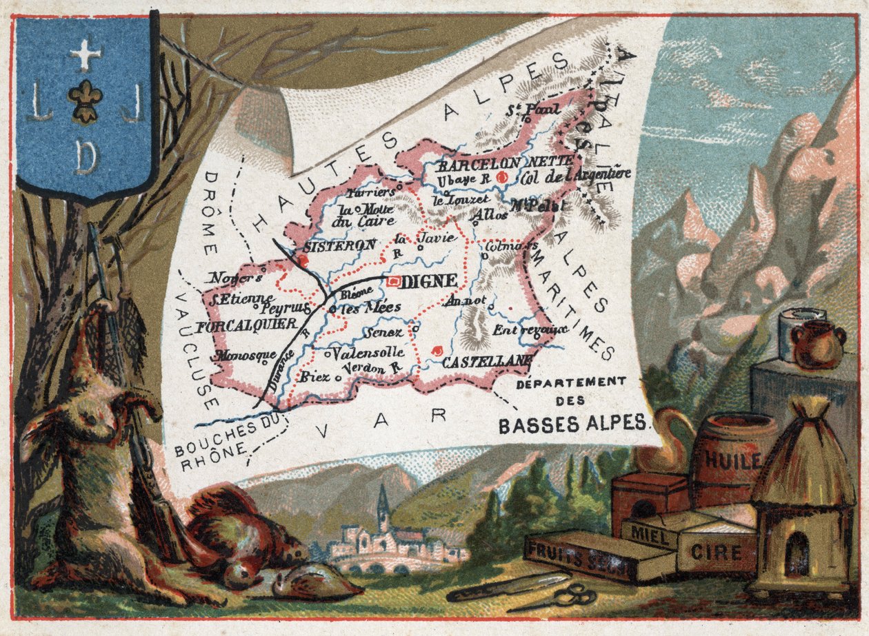 Les Basse Alpes (Basse-Alpes), tegenwoordig departement van de Alpes-de-Haute-Provence (Alpes de Haute-Provence 04), Frankrijk. Lokale specialiteit: jacht, was, honing, gedroogde vruchten en olie. Serie over de Franse departementen. Chromolithografie 