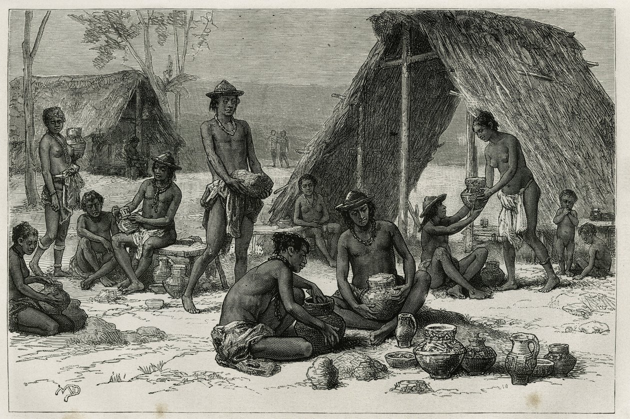 Les Indiens Galibis (of Kalinas) maken aardewerk, gravure door D.Maillart, ter illustratie van de ontdekkingsreis in het binnenland van Guyana door Dr. Jules Crevaux, arts van de Franse marine, in 1876-1877, gepubliceerd in le tour du monde, onder leiding  door French School