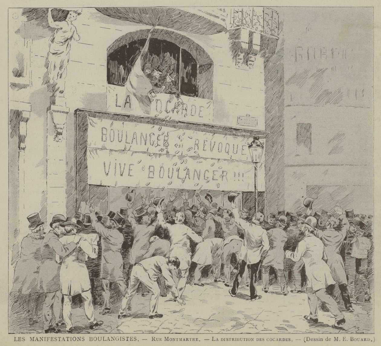 Les Manifestations Boulangistes, Rue Montmartre, La distribution des cocardes (gravure) door French School