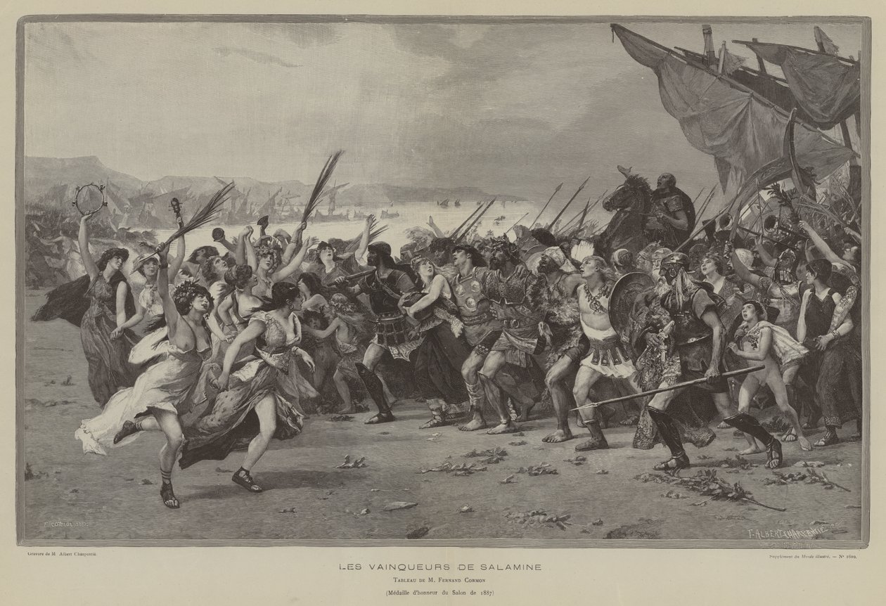 De winnaars van Salamis (gravure) door French School