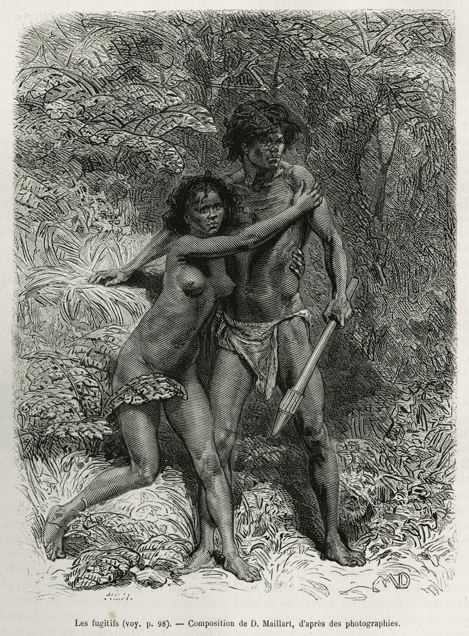 De vluchtende aboriginals, gravure naar een tekening van D. Maillart, ter illustratie van het verhaal zes maanden in Australië, door Désiré Charnay, een missieopdracht van het Ministerie van Openbaar Onderwijs, in 1878, gepubliceerd in de tour du monde, on door French School
