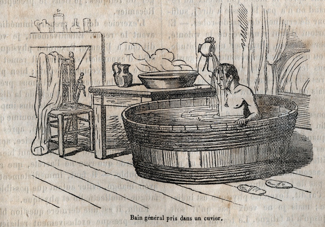 De gebaren van het bad - Hygiëne in de 19e eeuw - bad in een kom - gravure in 