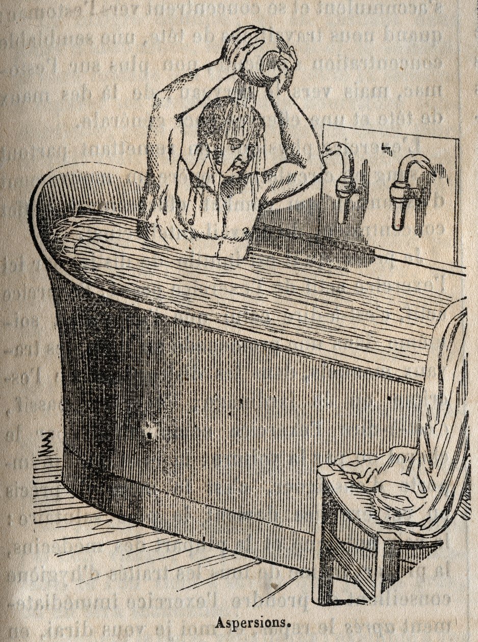 De gebaren van het bad - Hygiëne in de 19e eeuw - man in een badkuip - gravure in 