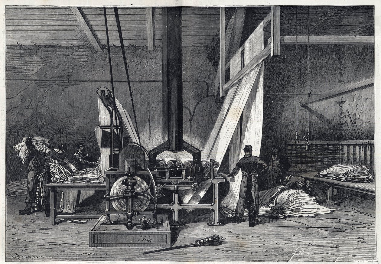 De grote fabrieken - Verven erie Boutarel in Clichy la Garenne - Het weefsel van de stoffen - gravure uit 1869 door French School