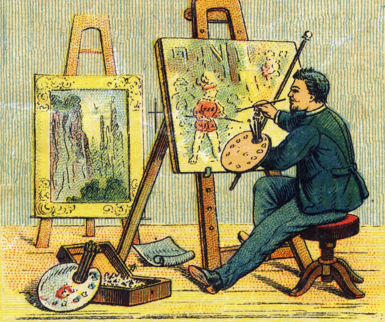 Letter A: schilder in zijn atelier. Gravure in "ABC indechirable op gelakt canvas". A. Capendu, uitgever, Parijs, eind 19e eeuw. Kinderboekwinkel geïllustreerd. 8 pagina