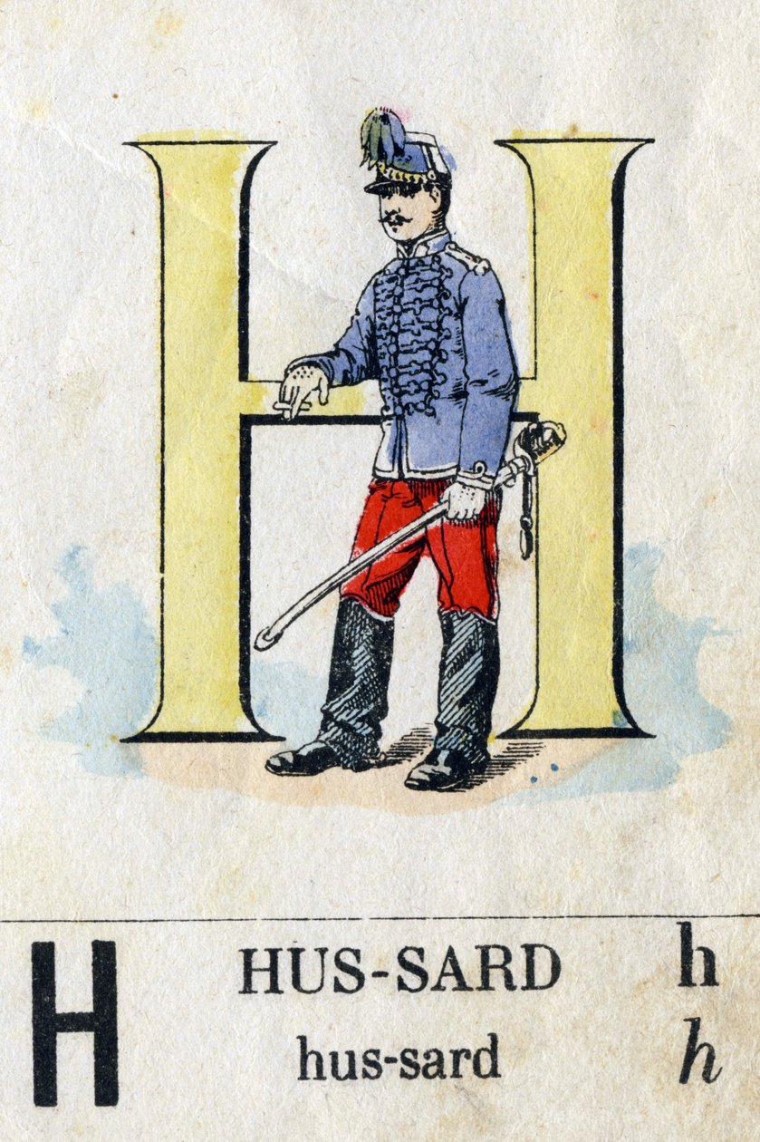Letter H als een huzaar. Militair alfabet. Beeldvorming van Epinal, circa 1870-1880. Stencil-gekleurde houtsneden. door French School