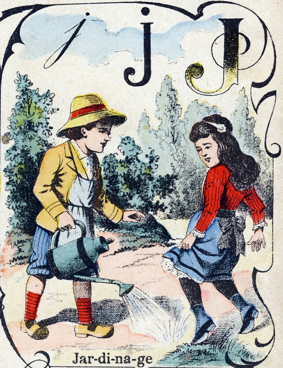 Letter J: Tuinieren. Gravure in "ABC des joux pour petits boys". Beeldvorming van Pont-a-Mousson, Louis Vagne, drukker-uitgever, eind 19e eeuw. Afm: 32,5x25 cm door French School