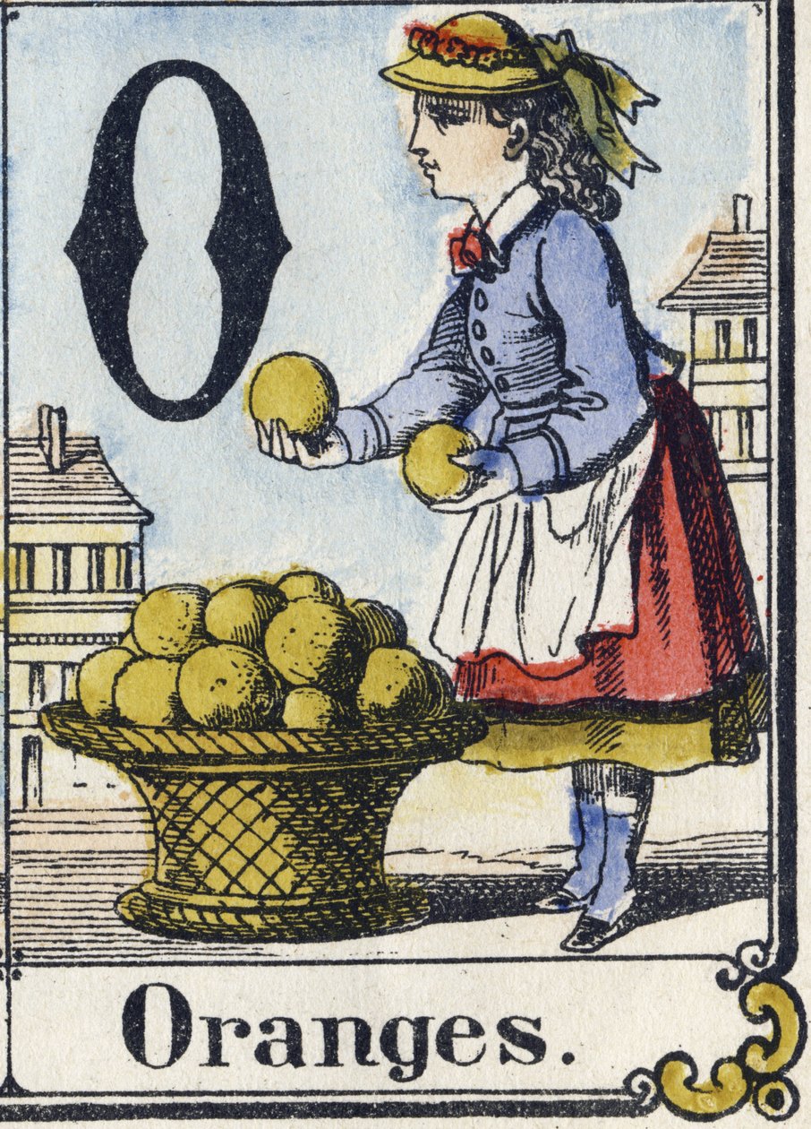 Letter O: Sinaasappels. Recreatief alfabet. Epinal beeld, circa 1880 door French School