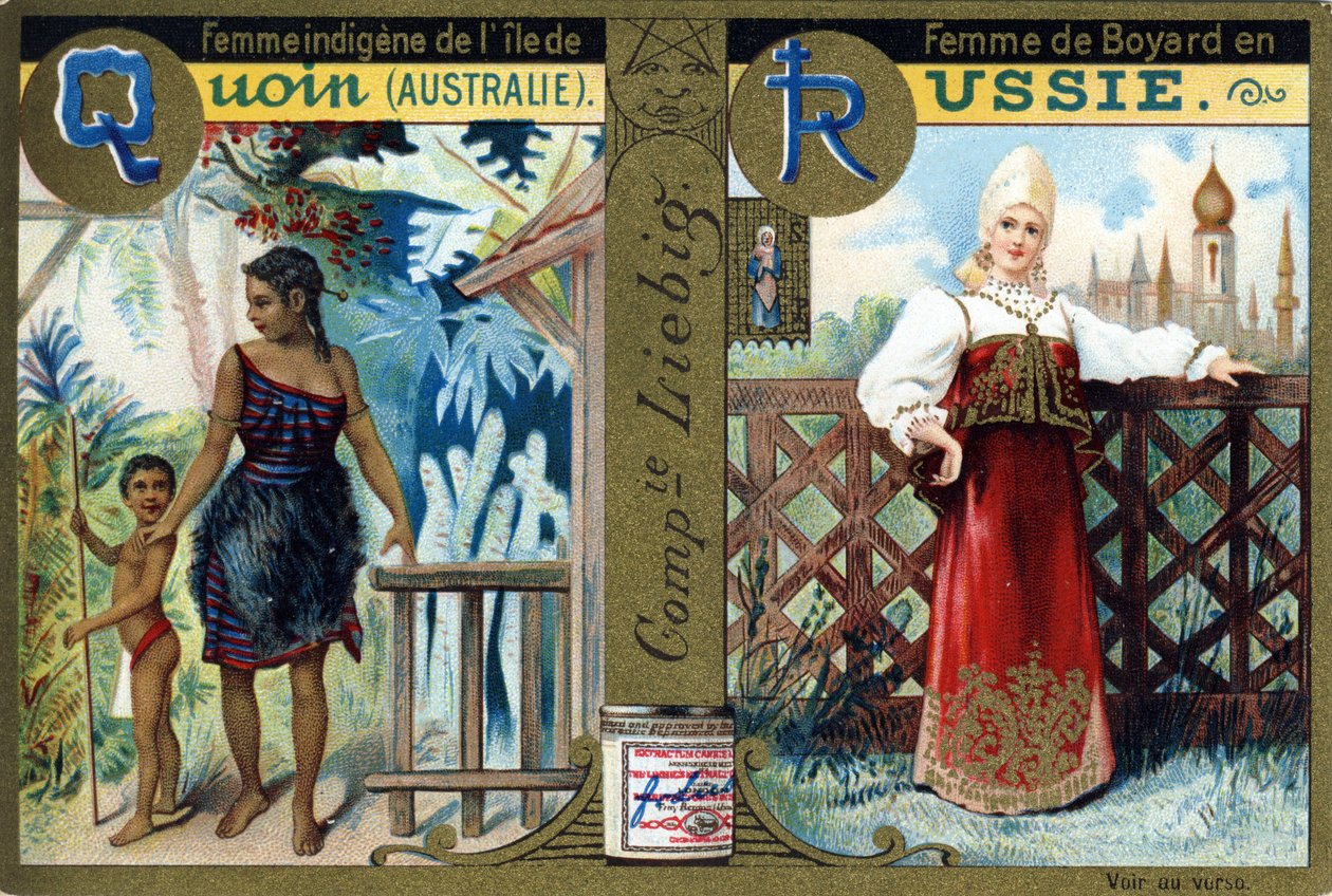 Letter Q als Inheemse Vrouw van Quoin Island en R als Boyars Vrouw in Rusland. Vrouwenalfabet. Serie van 12 afbeeldingen. Liebig reclame door French School
