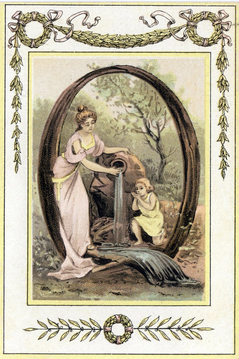 Letter Q die een moeder en haar zoon voorstelt die water drinken uit de bron, eind 19e eeuw (chromolithografie) door French School