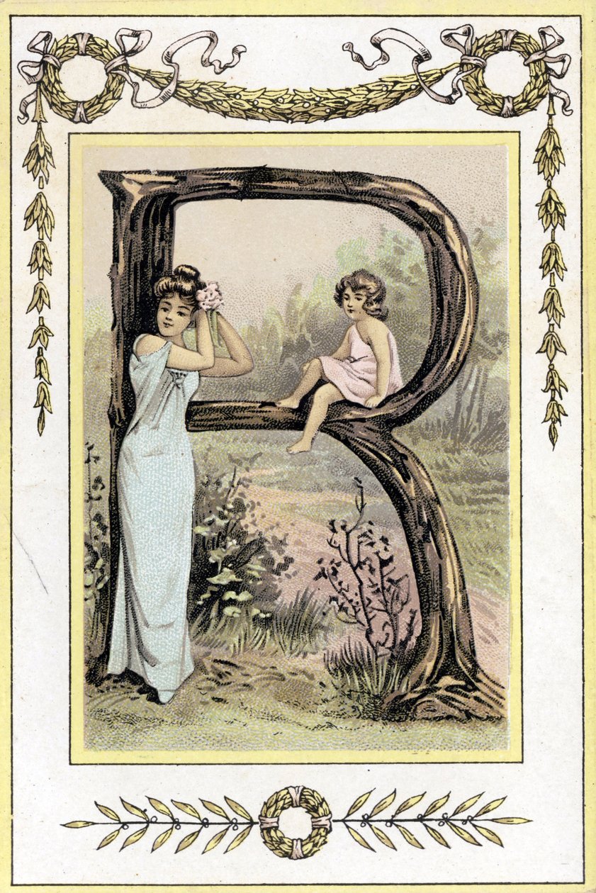 Letter R die een moeder en dochter voorstelt, eind 19e eeuw (chromolithografie) door French School