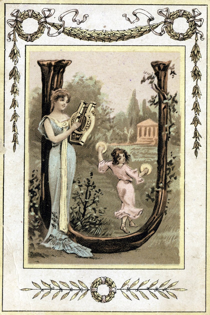 Brief die een moeder die lier speelt en haar dochter die danst met pauken voorstelt, eind 19e eeuw (chromolithografie) door French School