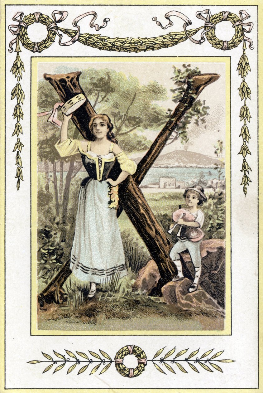 Brief die een moeder met een pauk en haar zoon als herder met een doedelzak voorstelt, eind 19e eeuw (chromolithografie) door French School