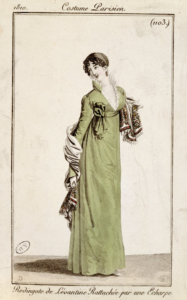 Levantijnse rokjas vastgemaakt met een sjaal, modeplaat uit Costume Parisien, 1810 door French School