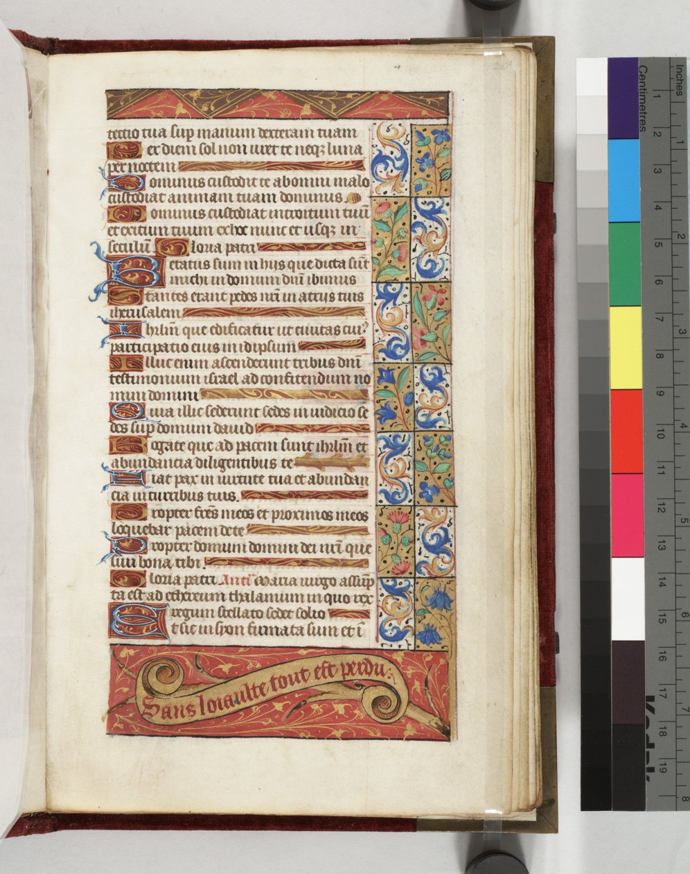 Lewis E 113 f.20r Gedecoreerde tekstpagina met het motto Zonder loyaliteit is alles verloren, 1500-15 door French School