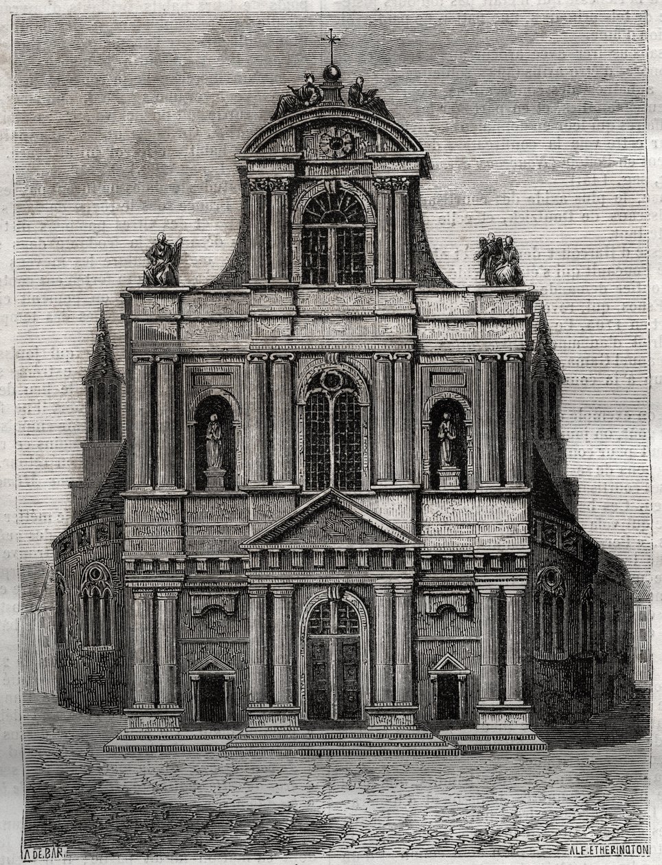De kerk Saint Gervais Saint Protais (Saint-Gervais-Saint-Protais) (gevel van Clement II Metezeau) Parijs (4e arr) Gravure in “Histoire physique, civile et morale de Paris: depuis les premiers temps historiques à nos jours” door Jacques Antoine Dulaure door French School