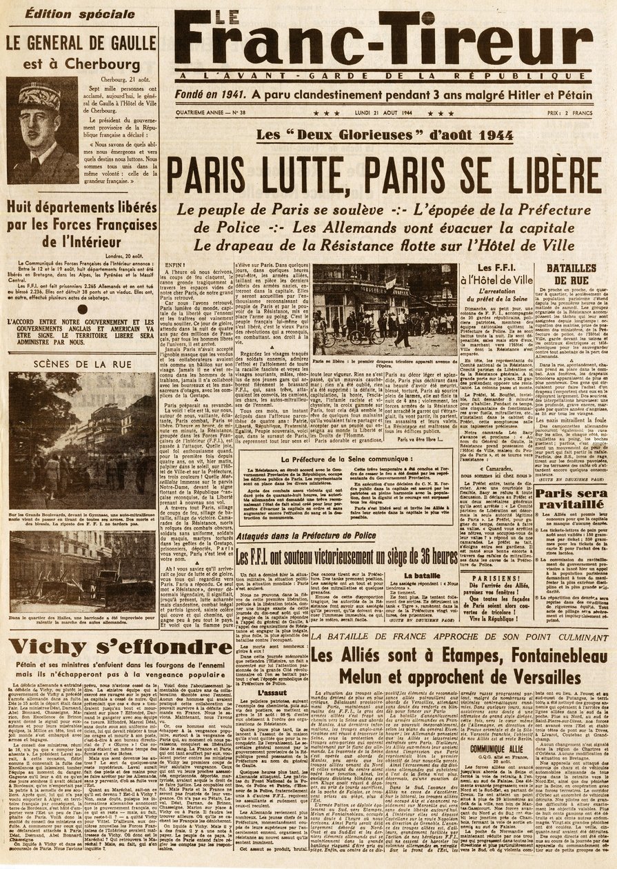 Bevrijding van Parijs - Le FRANC TIROUR nummer 38 van 21 augustus 1944 - Parijs vecht, Parijs bevrijdt zich door French School