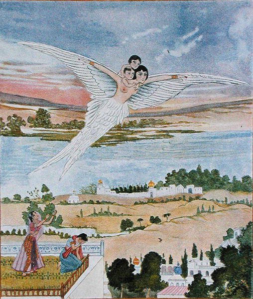 De twee kleintjes de lucht in tillen, illustratie uit 