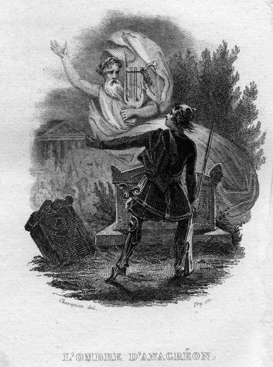 De schaduw van Anacreon Chanson de Beranger in "Oeuvres completes" (1834) door Pierre Jean de Beranger (1780-1857), Franse dichter en songwriter. door French School