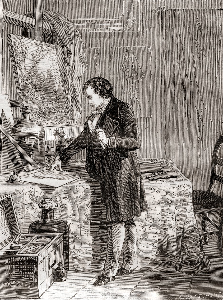 Louis-Jacques-Mandé Daguerre die het daguerreotypie-fotografische proces uitvindt in de 19e eeuw, uit Les Merveilles de la Science, gepubliceerd ca. 1870 (gravure) door French School