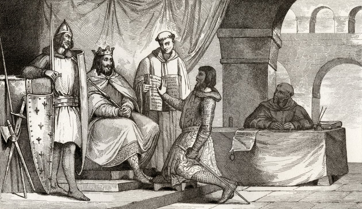 Lodewijk II (848-79) de Stotteraar ontvangt een eed van trouw van een edelman, uit 