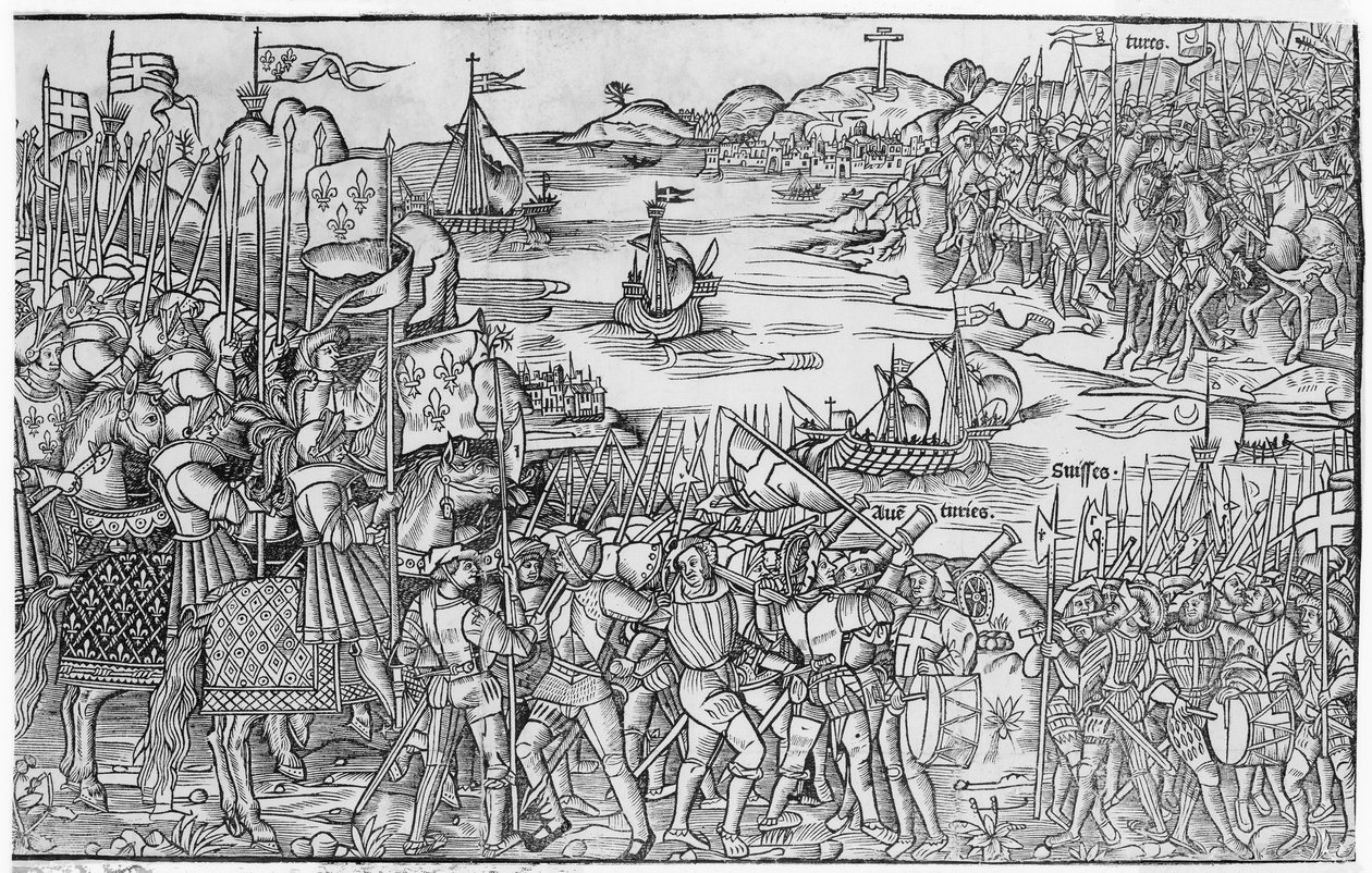 Lodewijk IX van Frankrijk ontscheept zich bij Damietta tijdens de Zevende Kruistocht, uit 