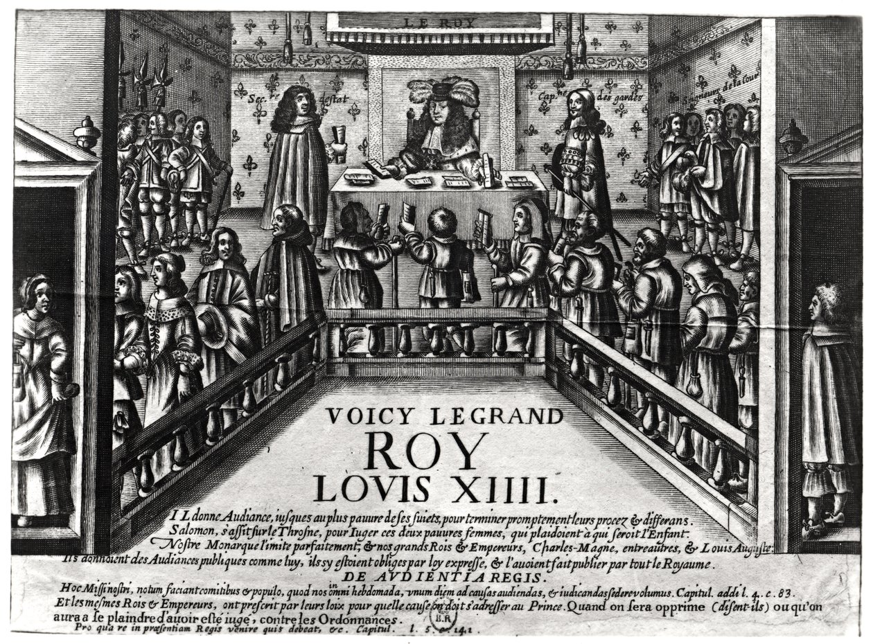 Lodewijk XIV (1638-1715) die recht spreekt (xylografie) door French School