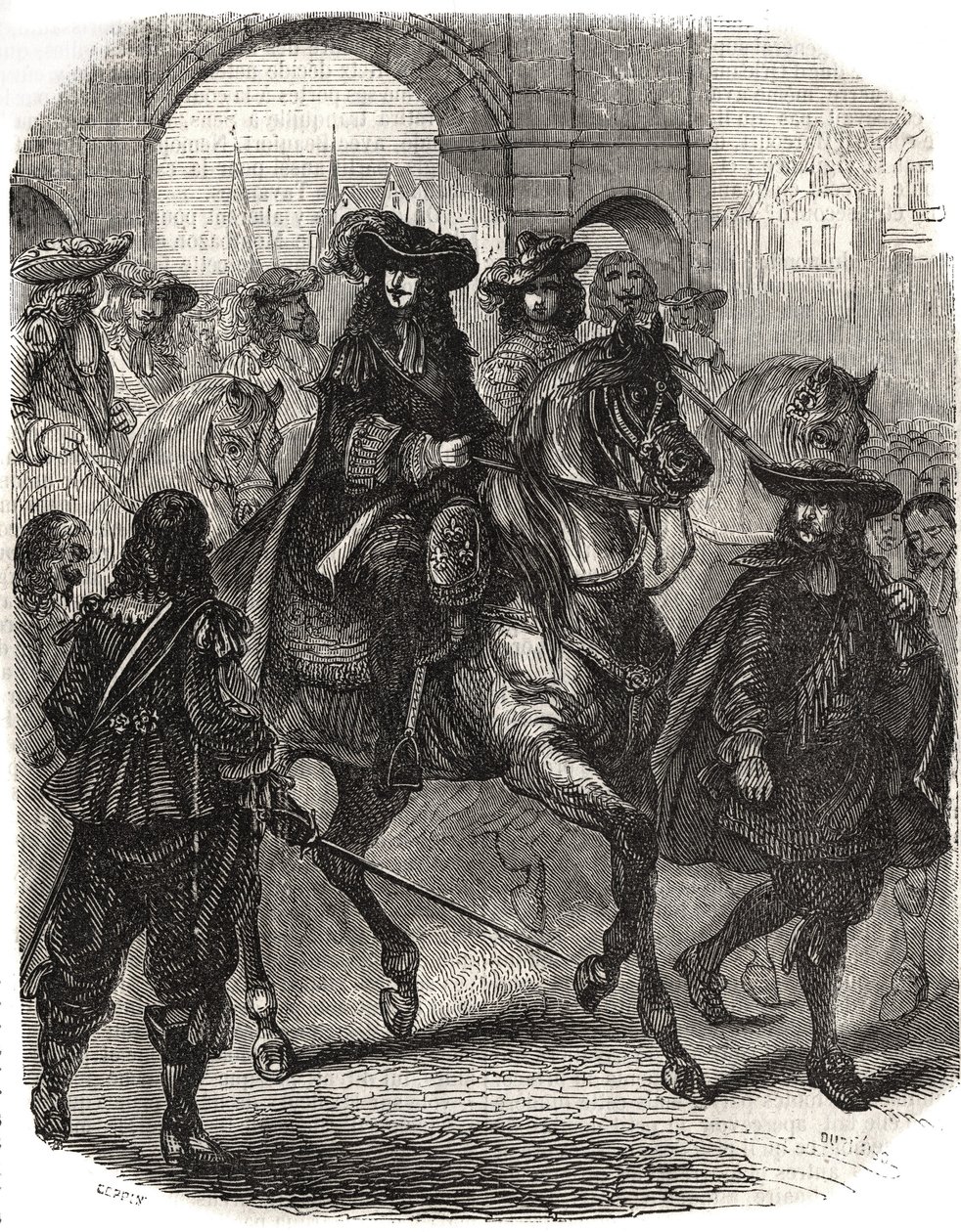 Lodewijk XIV (1638-1715) en zijn vrouw Maria Theresia van Oostenrijk (1638-1683) komen Parijs binnen in 1660. Gravure in 