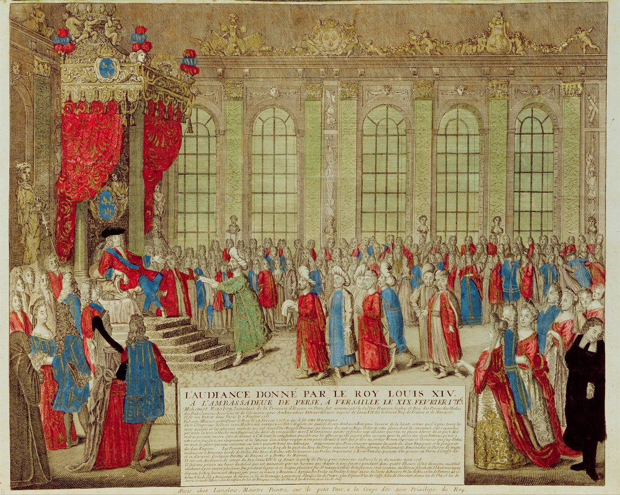 Lodewijk XIV (1638-1715) ontvangt de Perzische ambassadeur Mohammed Reza Beg in de Spiegelzaal van Versailles, 19 februari 1715 door French School