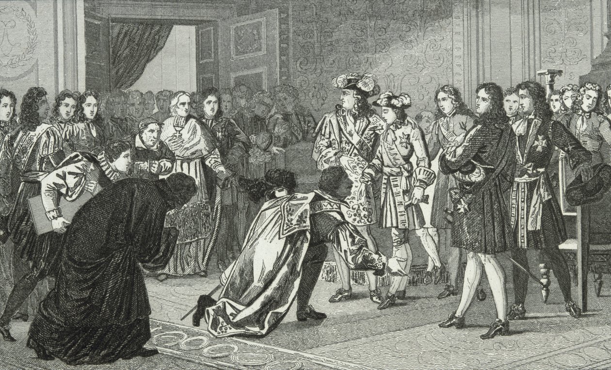 Lodewijk XIV (1638-1715) de Zonnekoning presenteert zijn kleinzoon Filips V (1683-1746) aan de Spaanse gezanten, uit 