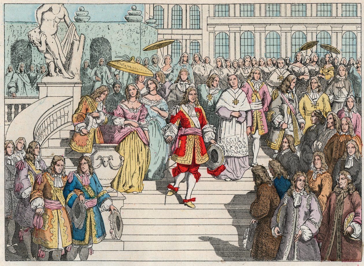 Lodewijk XIV en zijn hof in Versailles - Lodewijk XIV van Frankrijk en zijn hof in Versailles - Gravure van het einde van de 19e eeuw in 