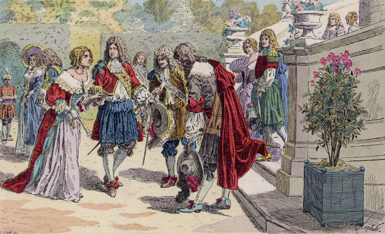 Lodewijk XIV van Frankrijk en zijn hof in Versailles (kleurenlitho) door French School