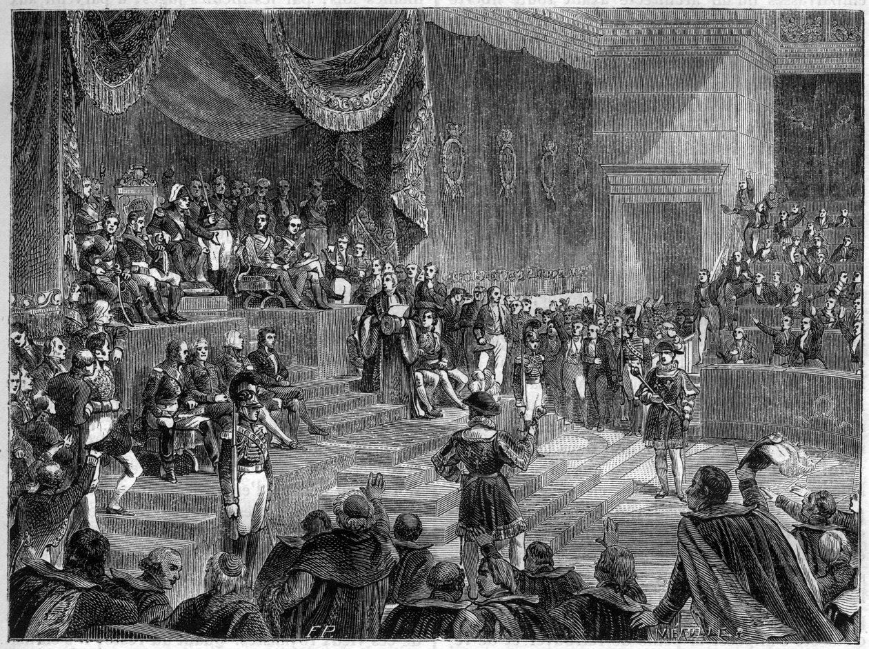 Lodewijk XVIII en de oprichting van de Constitutionele Monarchie - Constitutionele Handvest van 4 juni 1814 - Lodewijk XVIII zit de opening van de zitting van de Kamers voor op 4 juni 1814 in het Palais Bourbon in Parijs - in 