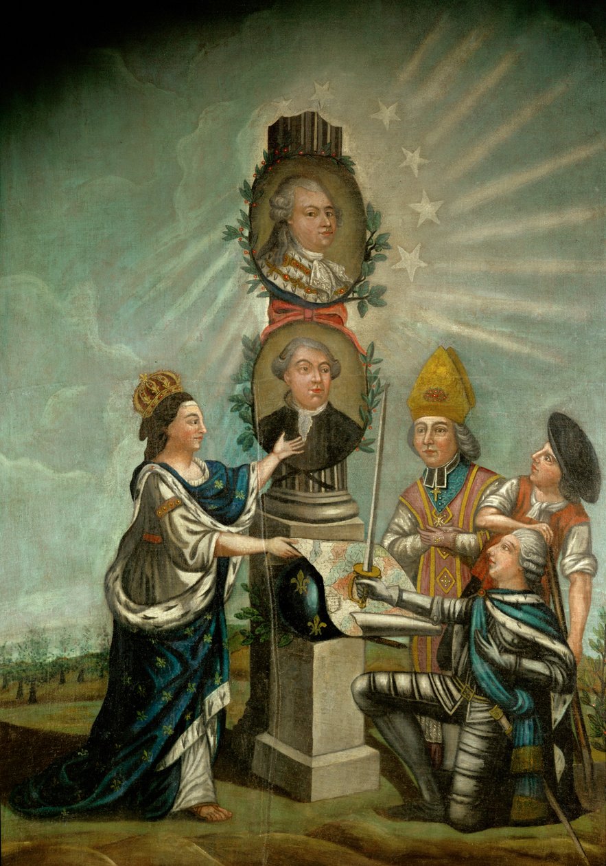 Lodewijk XVI en zijn minister van Financiën Jacques Necker, bewonderd door de drie rijken van Frankrijk, aristocratie, geestelijkheid en burgerij ... door French School