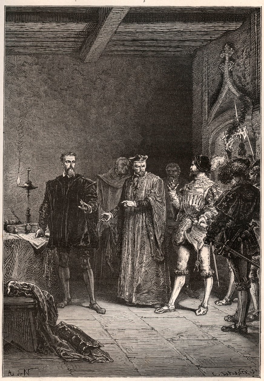 Louis de Berquin (1485-1529), ridder en humanist, religieus hervormer, bevrijd door Jean de la Barre (1523-1533) prévôt van Parijs - Louis de Berquin (links) vrijgelaten uit de gevangenis door John de la Barre - gravure uit 