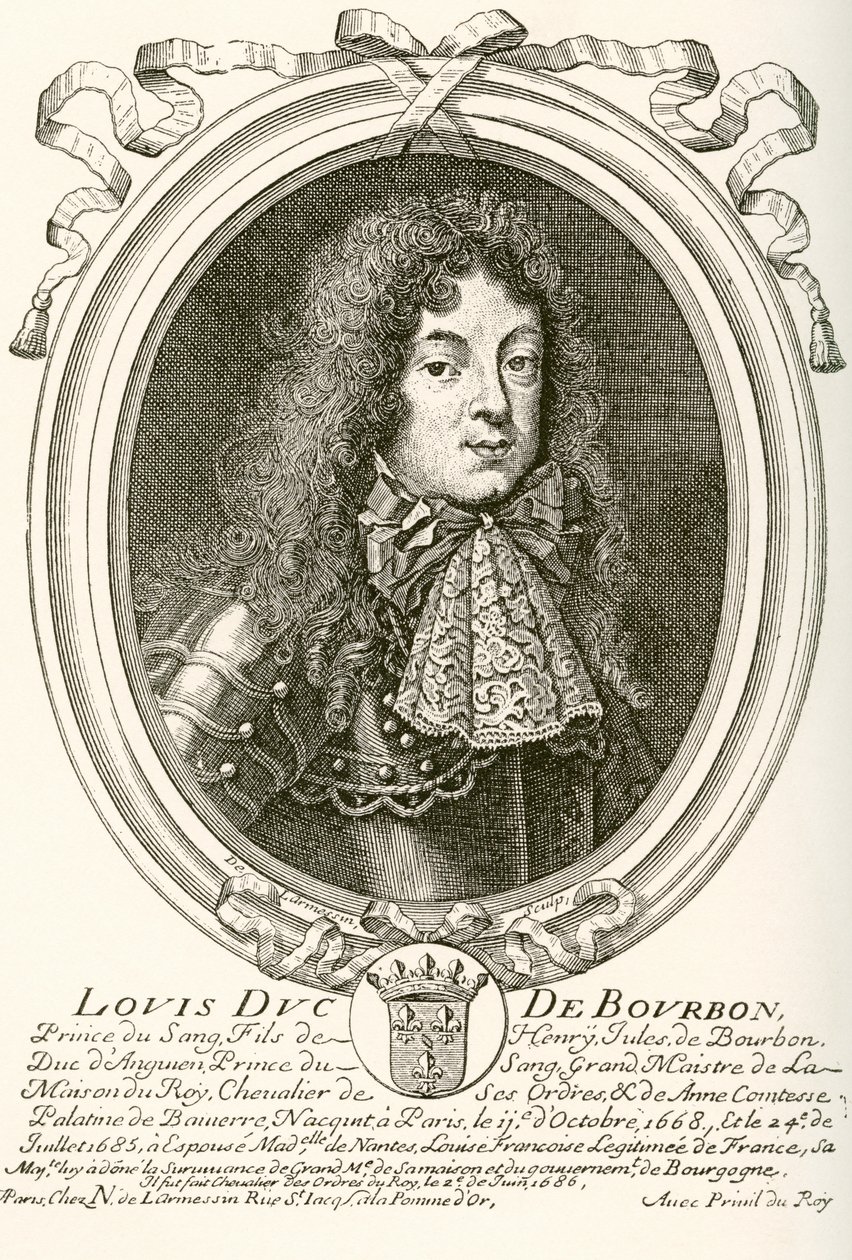 Louis de Bourbon, Prins van Condé, 1668 - 1710. Prins van het bloed aan het Franse hof van Lodewijk XIV. Uit Les Heures Libres gepubliceerd 1908. door French School