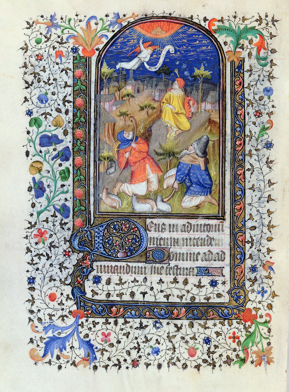 MS 1278 fol.106v Aankondiging aan de herders, uit Heures a lusage de Troyes, door het atelier van de Meester van de Rohan Uren, c.1413-20 door French School