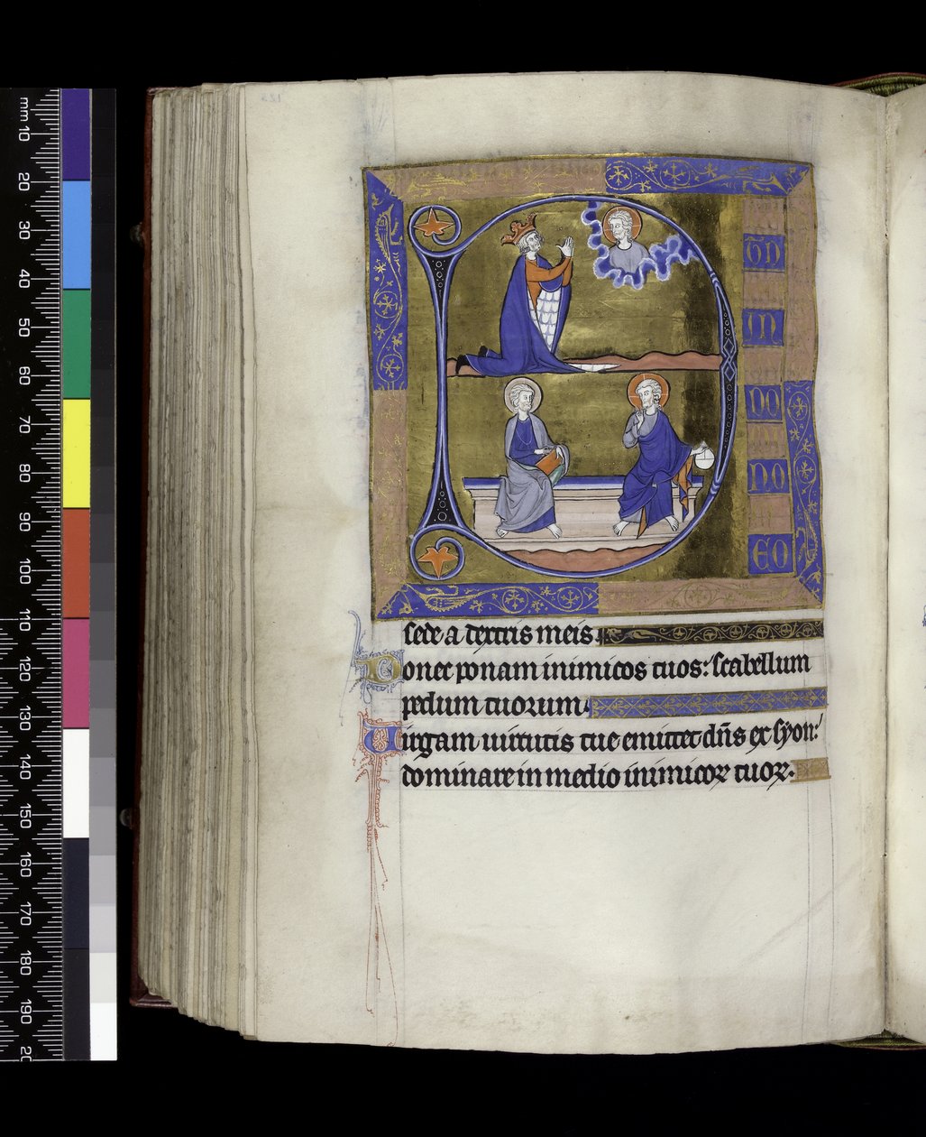 MS 300 f.125v, David bidt tot God (boven); God met bol en Christus met boek zittend op bank (onder), uit de Psalter en Getijden van Isabella van Frankrijk, Parijs, ca. 1265-70 door French School