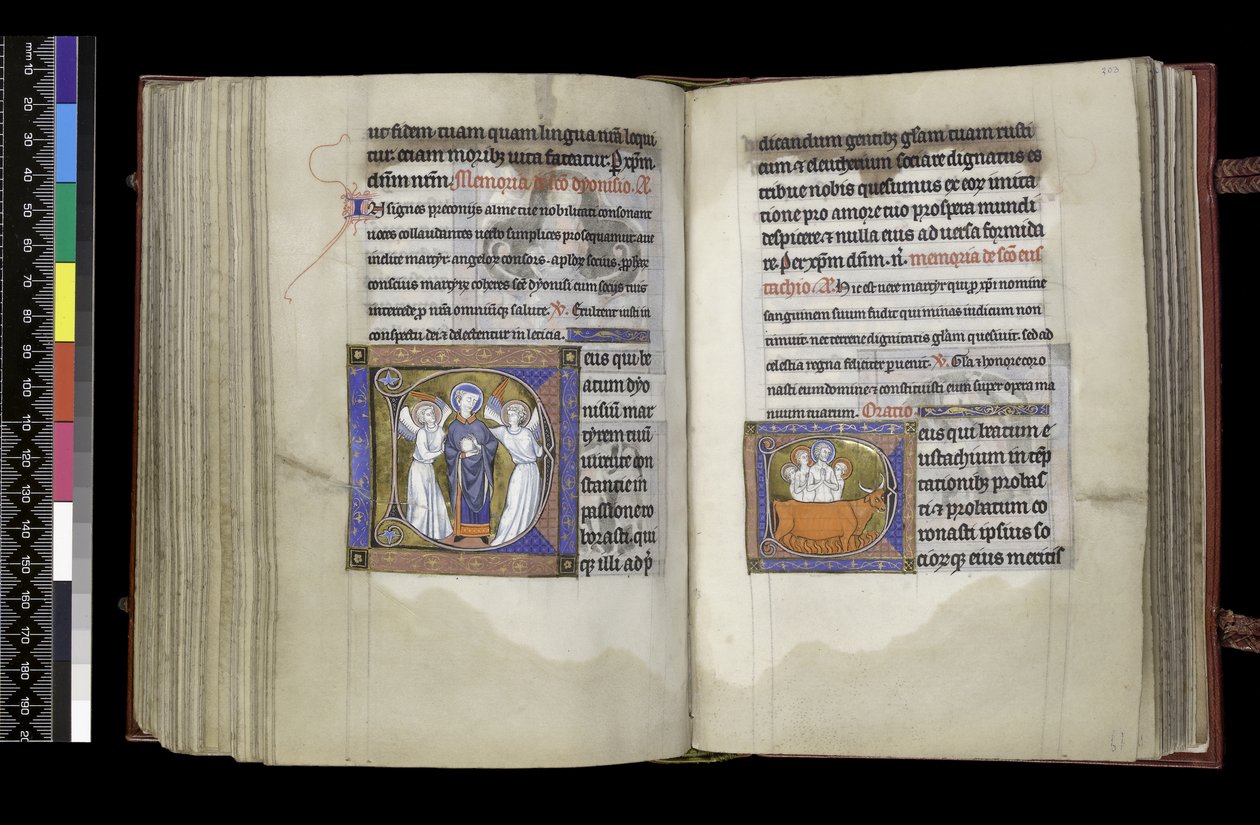 MS 300 f202v-203r, Voorbede tot St. Denis en Voorbede tot St. Eustachius, uit het Psalter en de Getijden van Isabella van Frankrijk, Parijs, c.1265-70 door French School