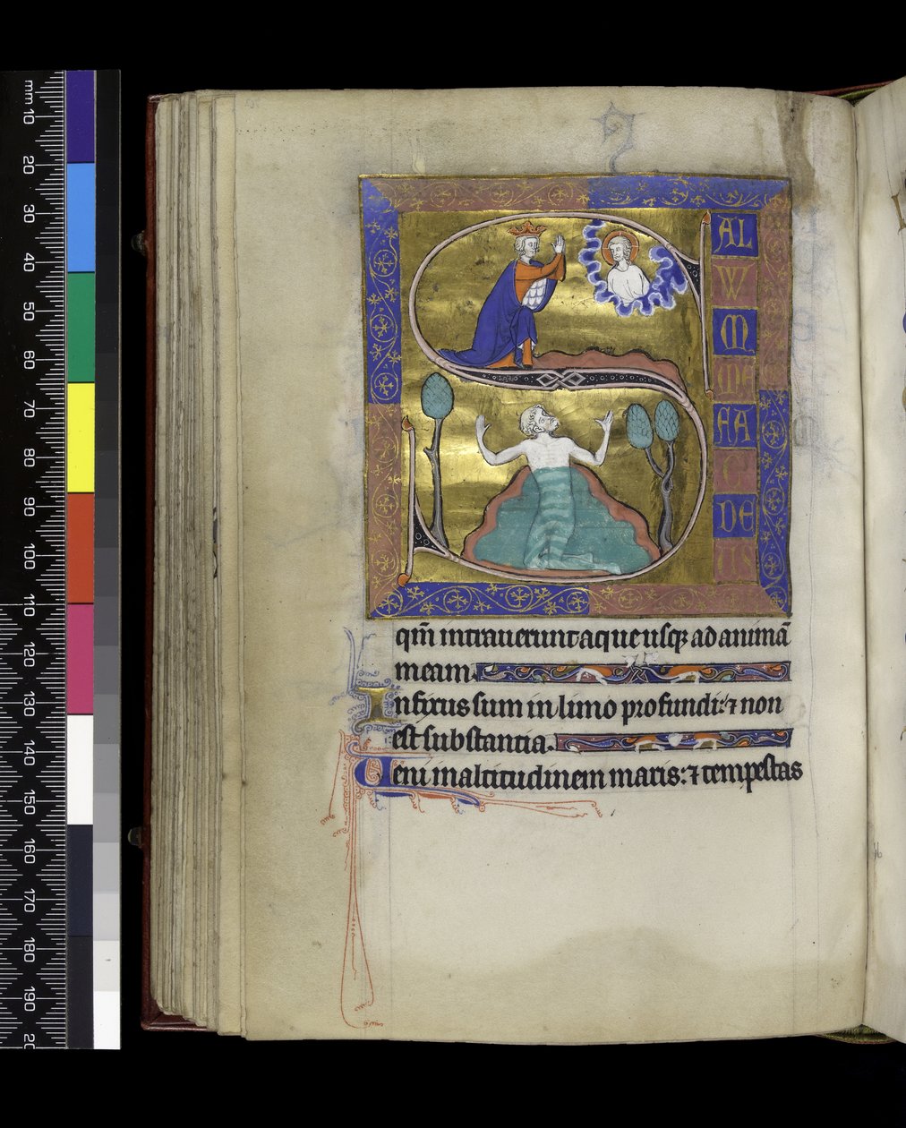David bidt tot God, David zinkt in water (uit de Psalter en Uren van Isabella van Frankrijk) door French School