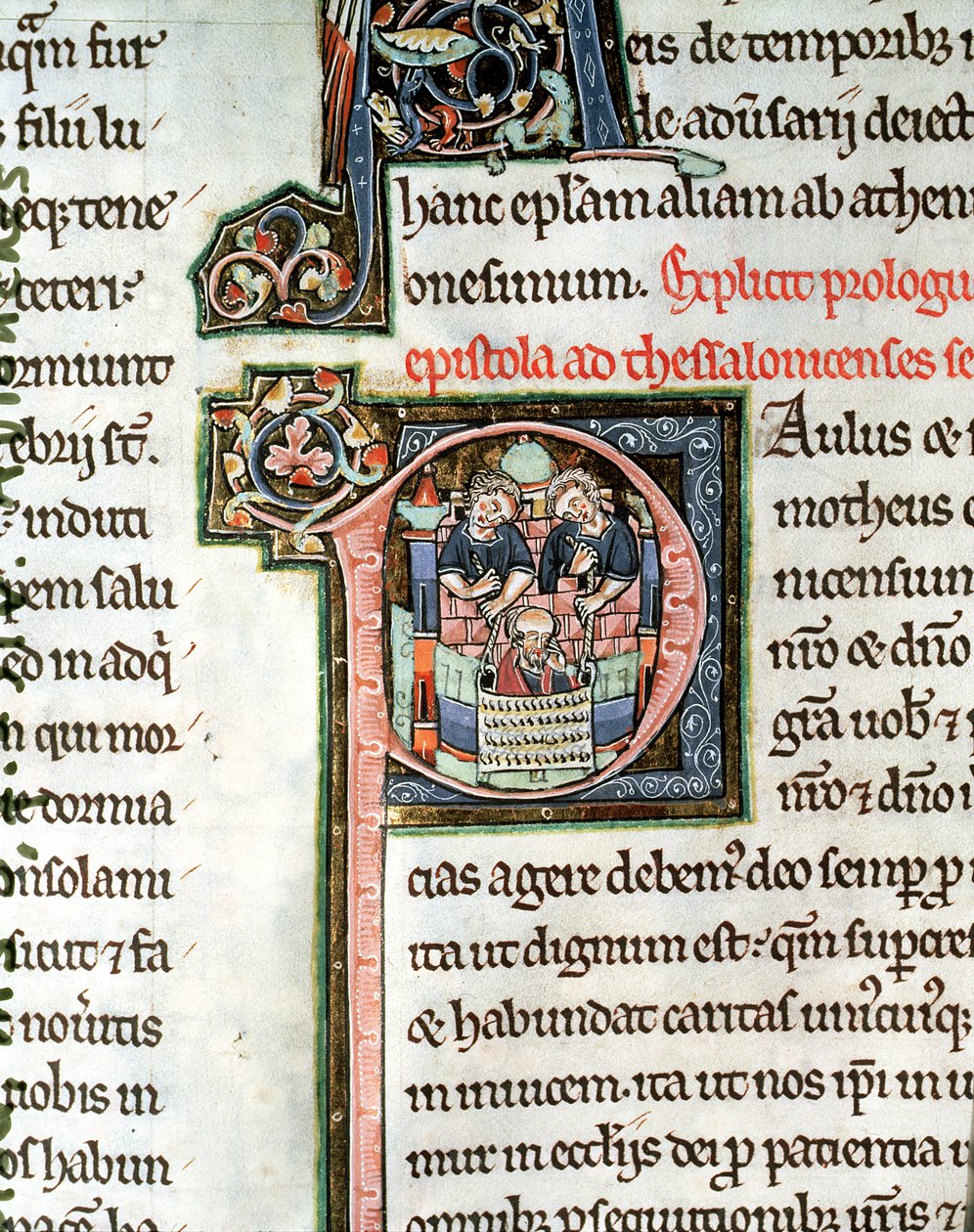 MS 3 Fol. 291v De ontsnapping van Sint Paulus uit Damascus, verluchte initiaal P, 13e eeuw, uit de Avranches Bijbel door French School