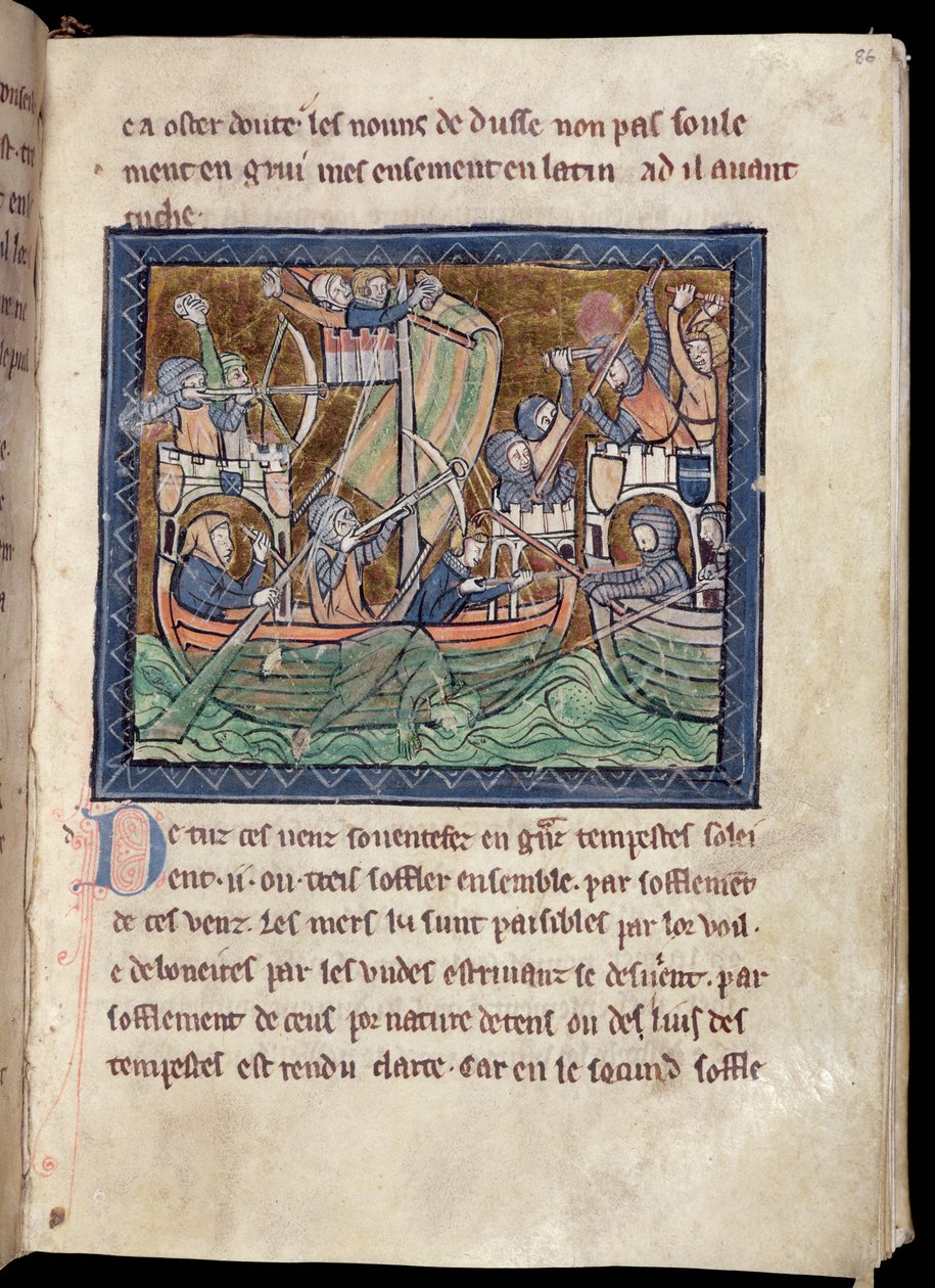 MS Marlay Add 1 f.86 Pagina met tekst en verlichting van een zeeslag, uit De Re Militari, c.1270 door French School