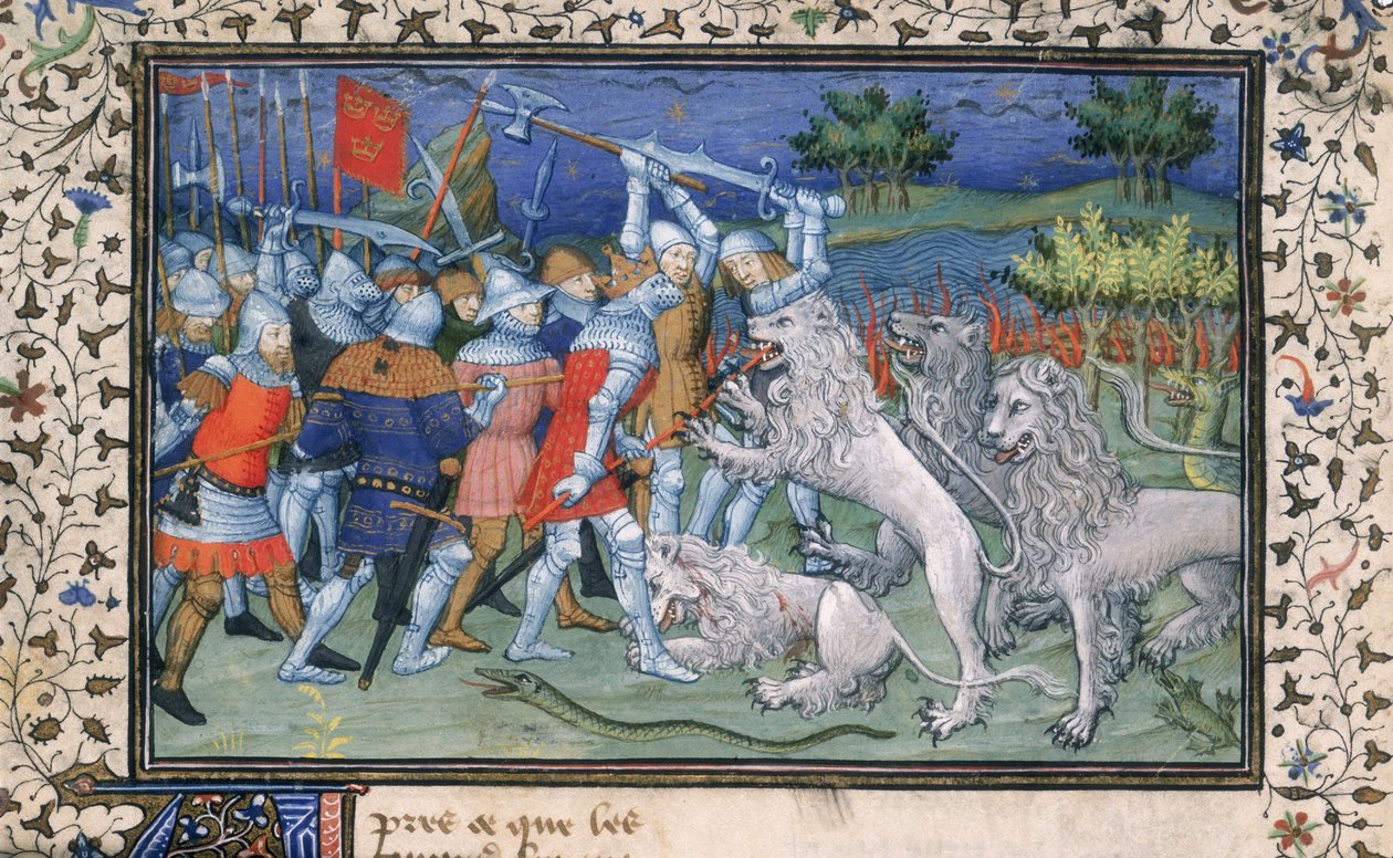 Alexander de Grote (356-323 v.Chr.) vecht met witte leeuwen, uit 