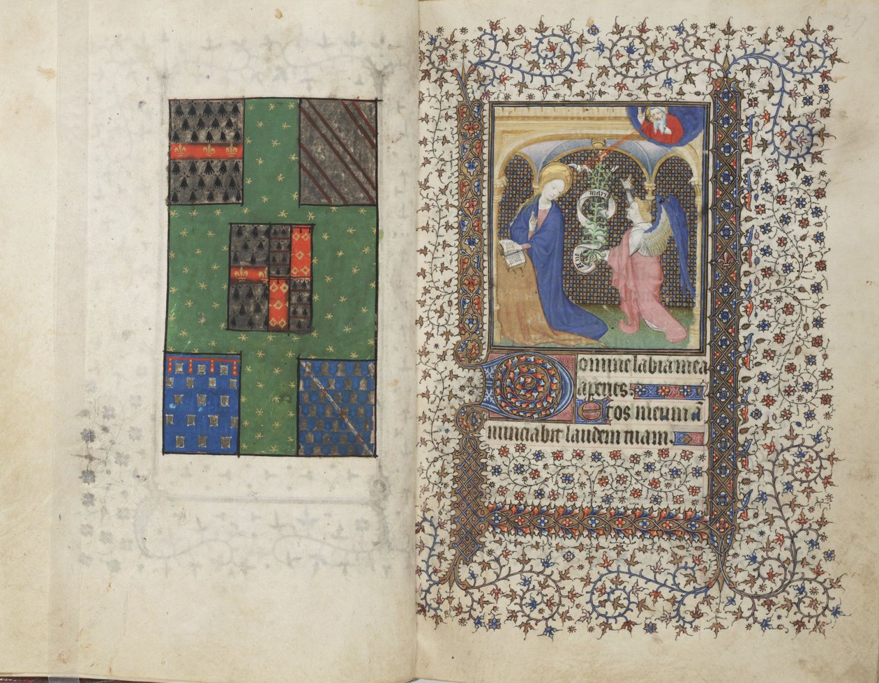 MS Widener 4, ff.26v-27r, Wapen en de Annunciatie, uit een Getijdenboek, gebruik van Rennes, c.1405 door French School