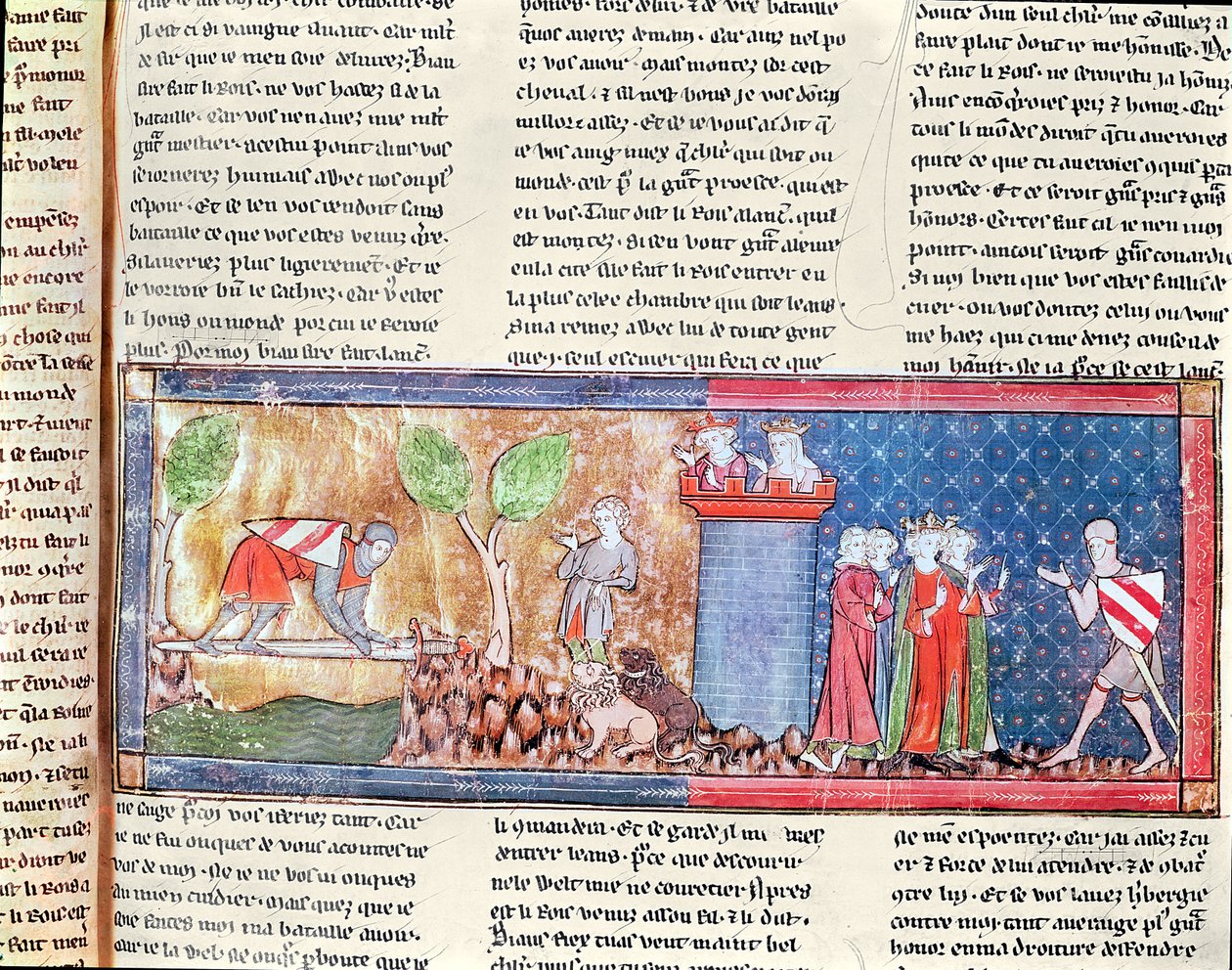 M. 806 f.166 Lancelot bewijst zijn liefde voor Guinevere door een rivier over te steken die is overbrugd door een scherp zwaard, uit de Roman de Lancelot du Lac, 1344 door French School